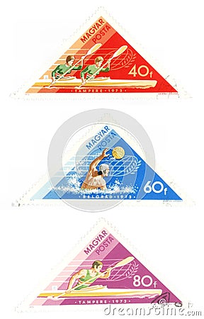 Obsolete post stamps with water sports Editorial Stock Photo