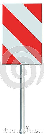 Obstacle detour barrier road sign on pole post, red, white diagonal striped vertical traffic safety warning signage large closeup Stock Photo