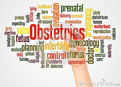 Obstetrics word cloud and hand with marker concept Stock Photo