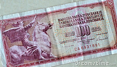 Obverse of 100 dinar paper banknote issued by Yugoslavia Stock Photo