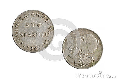 Obverse and reverse of vintage Two Drachma coin made by Greece in 1926 Stock Photo