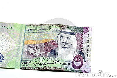 Obverse side of the new polymer 5 SAR five Saudi Arabia riyals cash money banknote bill series 1441 AH features Shaybah oil Stock Photo