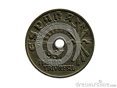 Obverse of Spain coin 25 centimos 1937 with inscription meaning SPAIN ONLY GREAT FREE SECOND TRIUMPHAL YEAR. Stock Photo