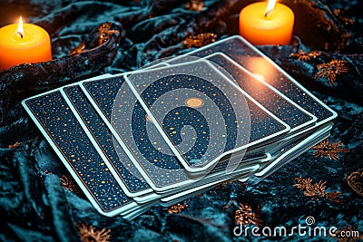 Occult guidance Tarot card background, candlelight, and mystical fortune telling scene Stock Photo