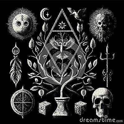 Occult symbols composition in dotwork style. Abstract mystic elements, Skull, candles and sacred triangle with eye in retro flat Vector Illustration