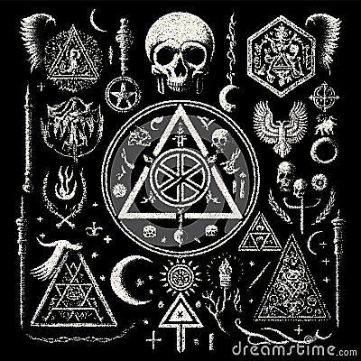 Occult symbols composition in dotwork style. Abstract mystic elements, Skull, candles and sacred triangle with eye in Vector Illustration