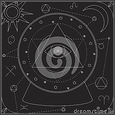 A occultism and mysticism with a glass shat and an evil eye, a stock illustration with fortune telling on zodiac signs and Vector Illustration