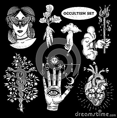 Occultism Set With Woman With Moth Eyes, Mandrake Root, Snakes On The Tree, Alchemical symbols on The Hand, Hand of God Vector Illustration