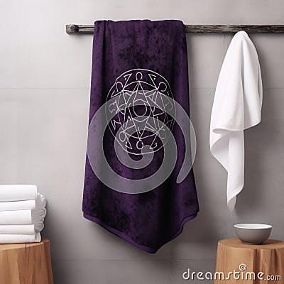 Occultist-inspired Purple Towel With Symbols And Energy Charge Cartoon Illustration