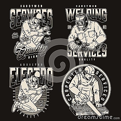 Workers with tools monochrome emlems set Vector Illustration