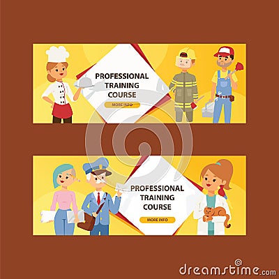 Occupation people vector man woman character of professions builder teacher chef illustration backdrop firefighter Vector Illustration