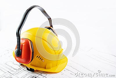 Occupational safety in construction, health protection at work, protective clothing, worker`s uniform, engineer`s helmet, ear Stock Photo