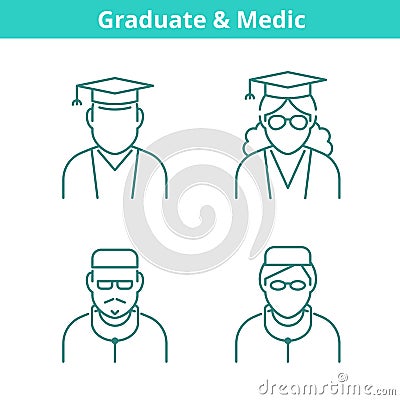 Occupations avatar set: doctor, medic, graduate, student. Vector Illustration