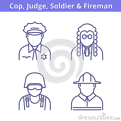 Occupations avatar set: judge, policeman, fireman, soldier. Vector Illustration