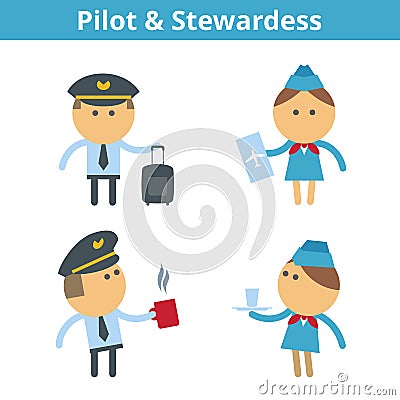 Occupations cartoon character set: pilot and stewardess. Vector Vector Illustration