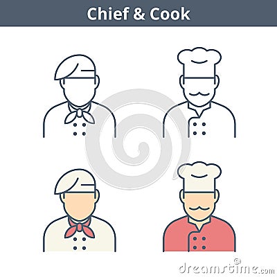 Occupations linear avatar set: cook, chief, baker. Thin outline Vector Illustration