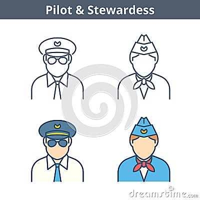 Occupations linear avatar set: pilot, stewardess. Thin outline i Vector Illustration