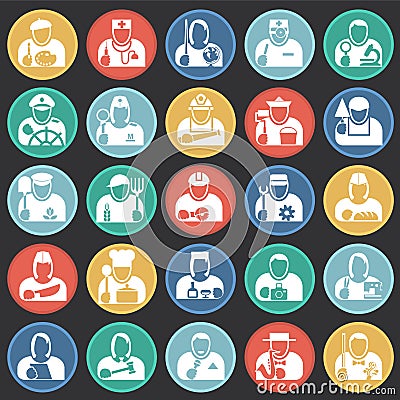 Occupations icon set on color circles black background for graphic and web design, Modern simple vector sign. Internet concept. Vector Illustration