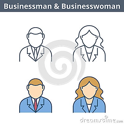 Occupations linear avatar set: businessman, businesswoman. Thin Vector Illustration