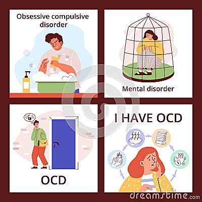 OCD mental disorder banners or cards bundle, flat vector illustration. Vector Illustration