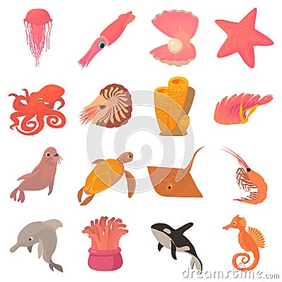 Ocean animals fauna icons set, cartoon style Vector Illustration