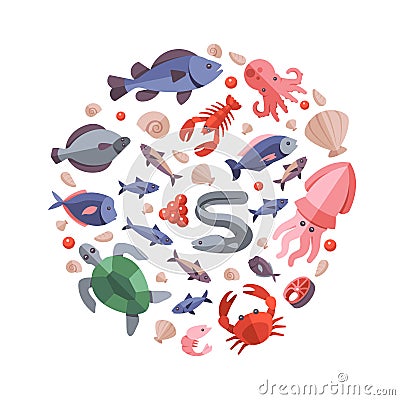 Ocean animals seafood and cooking fish flat icons Vector Illustration