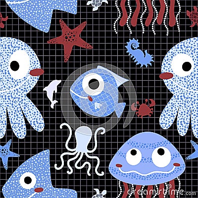 Ocean animals seamless jellyfish and crabs and starfish and fish and octopus pattern for wrapping paper Cartoon Illustration