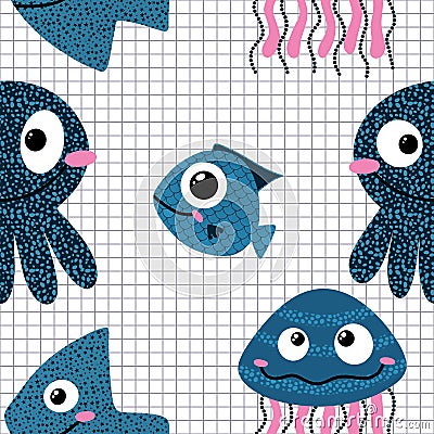 Ocean animals seamless jellyfish and crabs and starfish and fish and octopus pattern for wrapping paper Cartoon Illustration