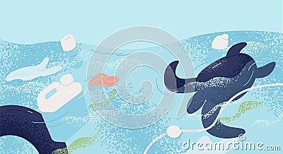 Ocean with aquatic animals and plastic garbage floating in water. Environmental issue or ecology problem of marine Vector Illustration