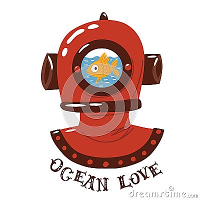 Ocean art with cartoon diver suit and fifh inside Vector Illustration