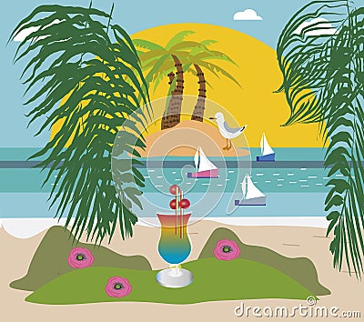 Ocean beach with palm and and exotic coctail Vector Illustration