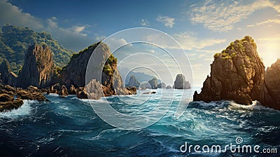 ocean blue travel sea landscape Cartoon Illustration