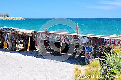 Ocean Breakwater with Tagging: Fremantle, Western Australia Stock Photo