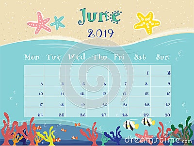 The Ocean Calendar of June 2019. Stock Photo