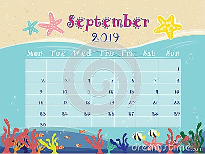 The Ocean Calendar of September 2019. Stock Photo