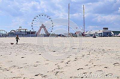 Wide angle view of the beach, with a woman walking a dog. Jolly Roger Amusement park in Editorial Stock Photo