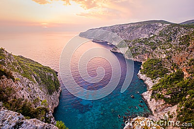 Ocean coastline landscape view at sunset, Zakynthos island Stock Photo