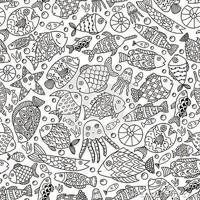 Ocean collection with doodle fish for coloring book Vector Illustration