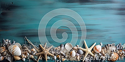 Ocean conceptual banner over wooden light blue background. Stock Photo