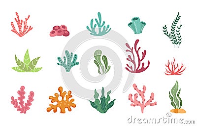 Ocean coral reef, cartoon underwater plants set. Simple summer diving, floral sea stickers, tropical doodle silhouettes Vector Illustration