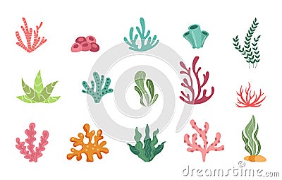 Ocean coral reef, cartoon underwater plants set. Simple summer diving, floral sea stickers, tropical doodle silhouettes Cartoon Illustration