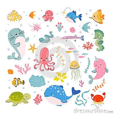 Ocean cute animals, aquatic sea cartoon fish whale narval. Marine funny animal, seahorse and turtle. Underwater life Vector Illustration