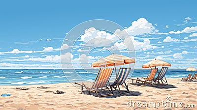 Dreamlike Beach Chairs: A Colorful Sketch With Realistic Brushwork Cartoon Illustration