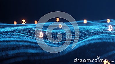 Ocean with digital data waves and floating bitcoin currency symbols represents seamless transactions and smooth flow in Stock Photo