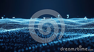 Ocean with digital data waves and floating bitcoin currency symbols represents seamless transactions and smooth flow in Stock Photo