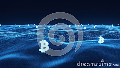 Ocean with digital data waves and floating bitcoin currency symbols represents seamless transactions and smooth flow in Stock Photo