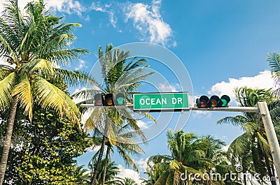 Ocean Drive in Miami - Road sign and green Traffic Light Stock Photo