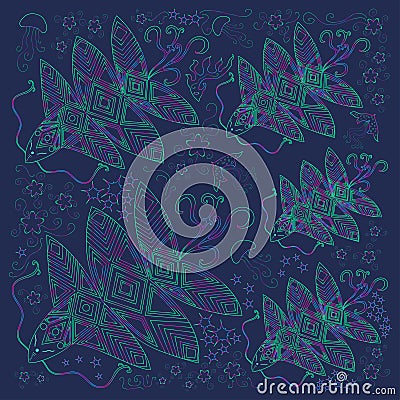 Ocean fantasy creatures, rainbow colored contour on a blue background. Vector Illustration