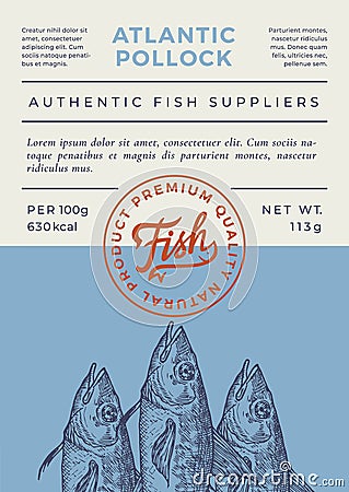 Ocean Fish Abstract Vector Packaging Design or Label. Modern Typography Banner, Hand Drawn Pollock Sketches Silhouette Vector Illustration