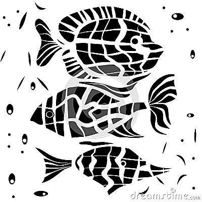 Ocean fish illustration background pattern in black white Cartoon Illustration